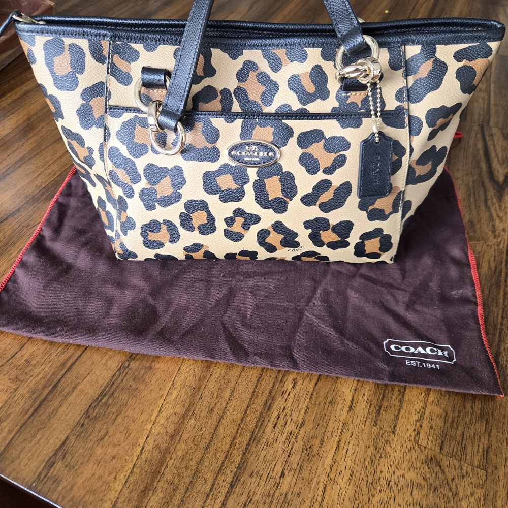 Coach Leopard Print Tote Bag - Black and Tan